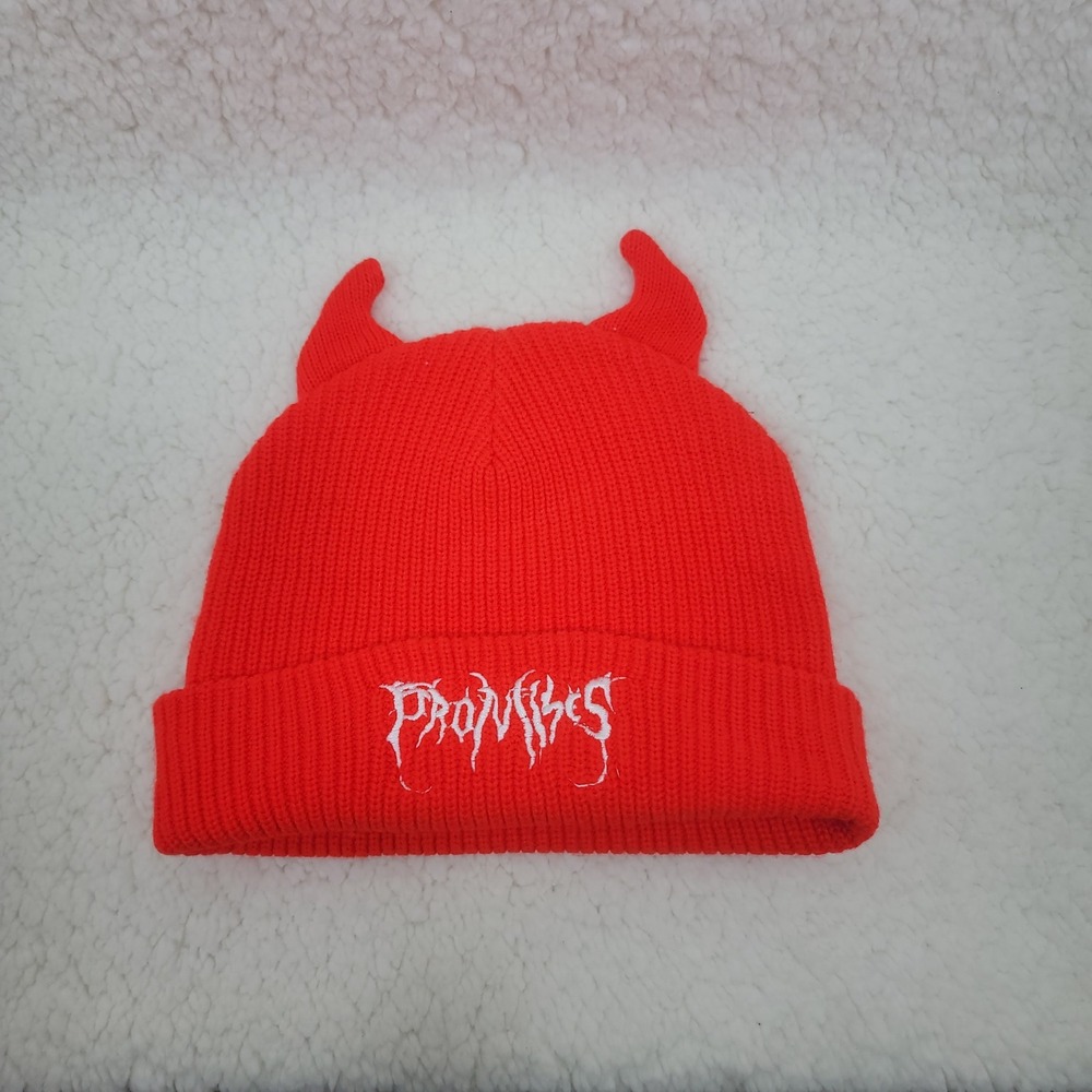 Broken Promises Graveyard Beanie Hat Red Devil Horn Embroidered Logo Streetwear